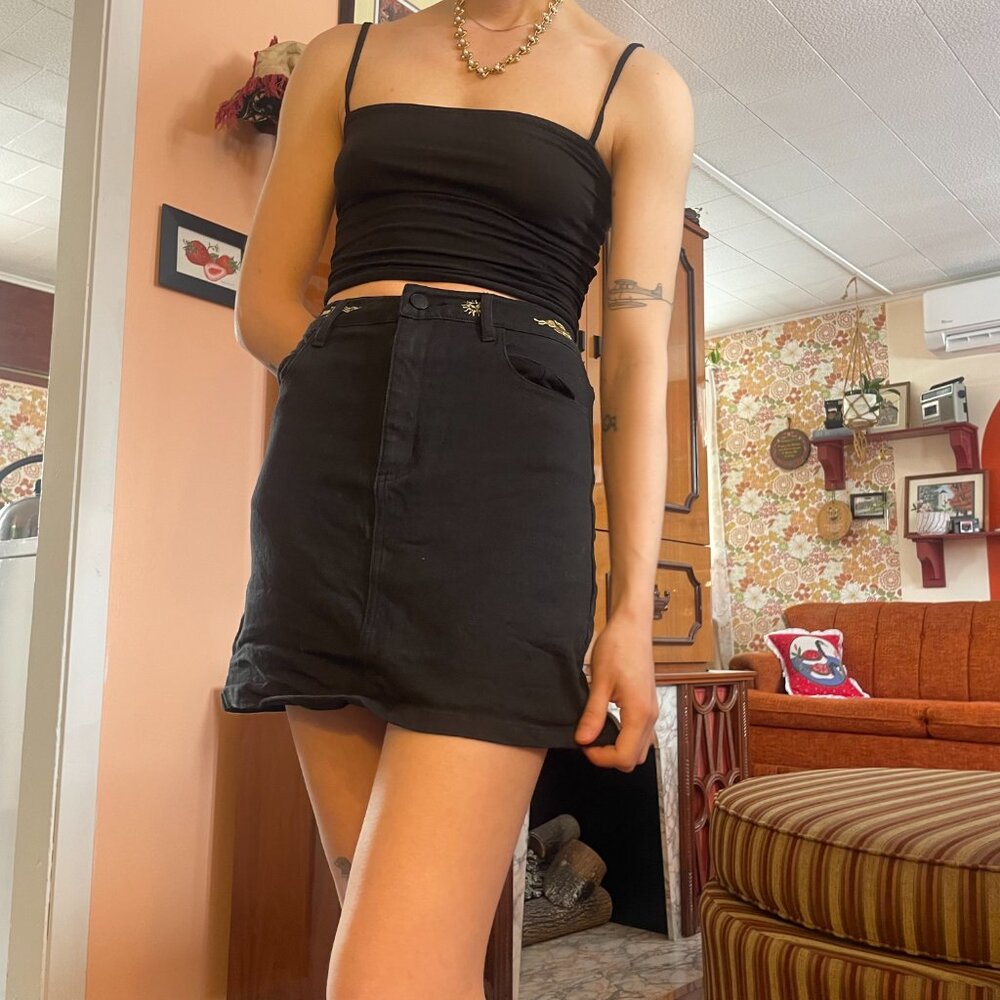 Black and gold embroidered zodiak denim jean mini skirt! - Picture 4 of 13